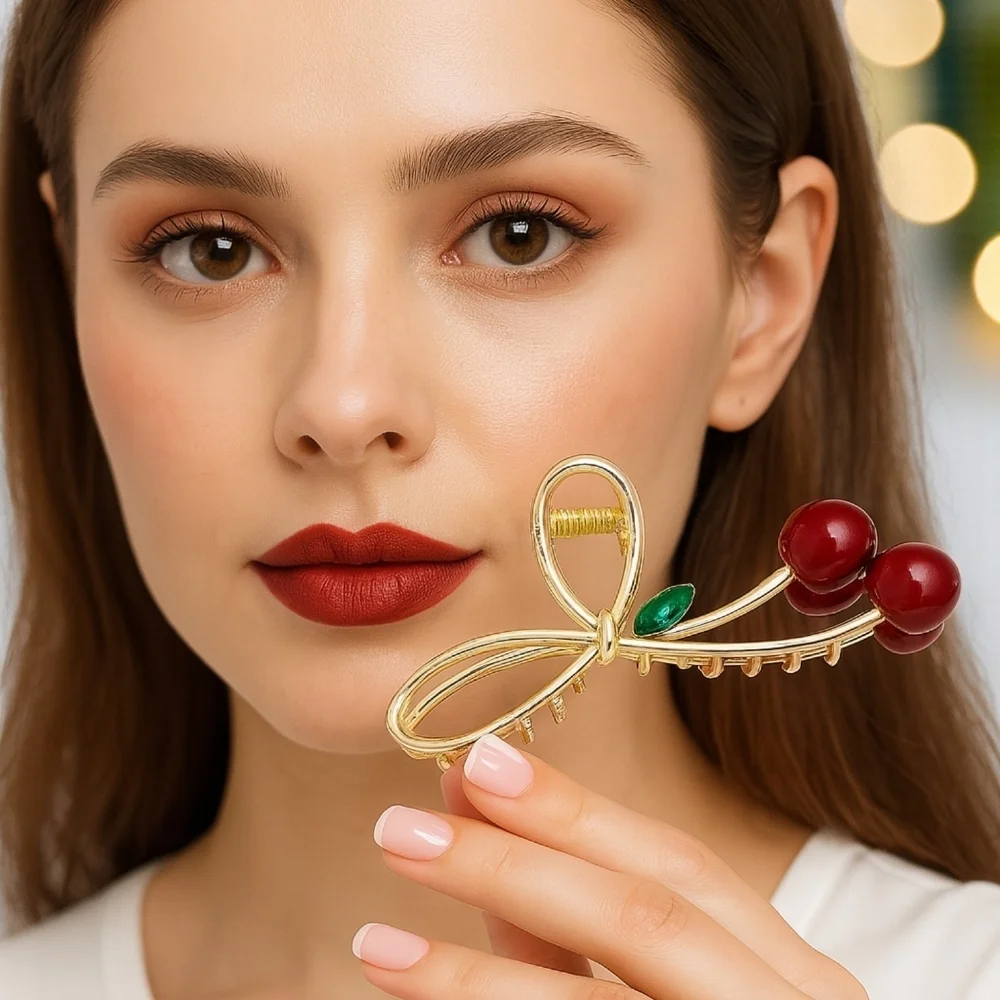 Cherry Hair Claw Clip Non-Slip Bow-Knot 🍒 Metal Hair Clip for Women & Girls
